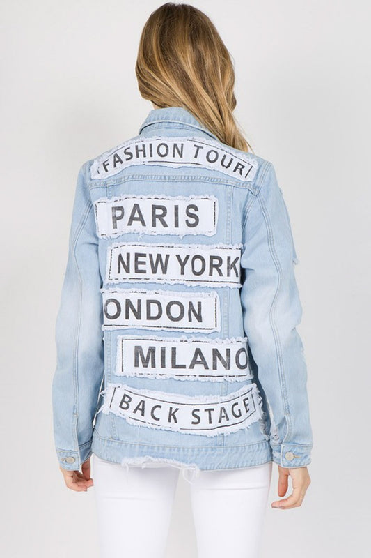 American Bazi Letter Patched Distressed Denim Jacket - House of Binx 