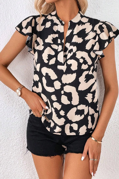 Leopard Notched Cap Sleeve Blouse - House of Binx 