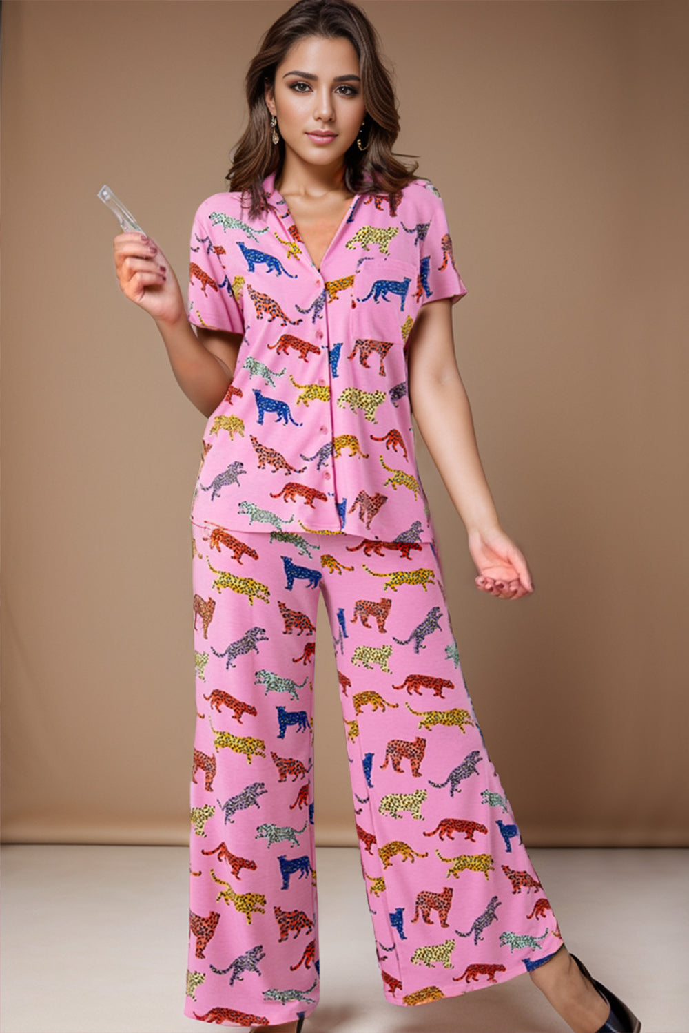 Animal Button Up Top and Pants Lounge Set - House of Binx 