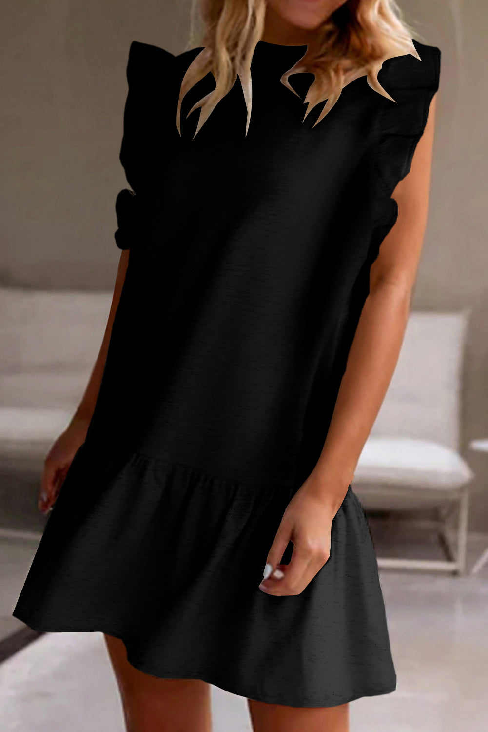 Ruffled Round Neck Cap Sleeve Mini Dress - House of Binx 