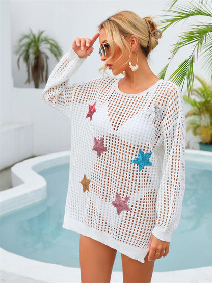 Sequin Star Round Neck Long Sleeve Cover Up - House of Binx 