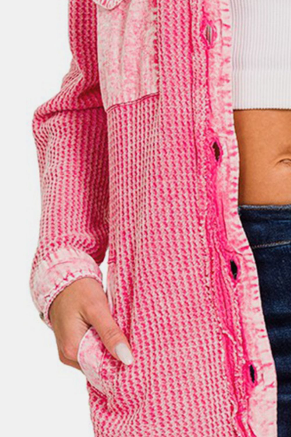 Zenana Waffle-Knit Button Up Dropped Shoulder Jacket - House of Binx 