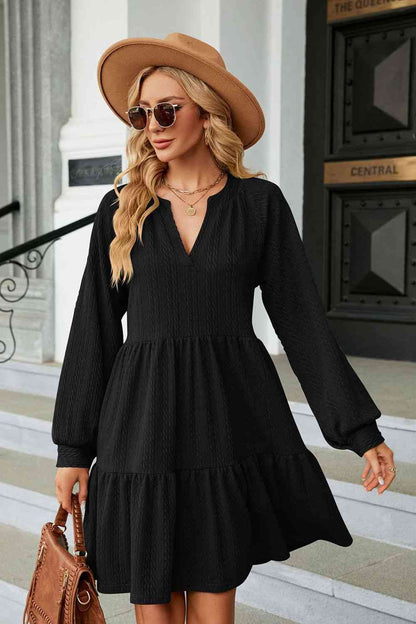 Notched Neck Long Sleeve Mini Dress - House of Binx 