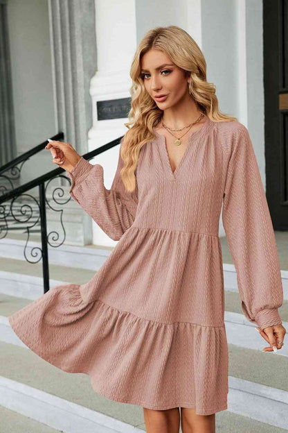 Notched Neck Long Sleeve Mini Dress - House of Binx 