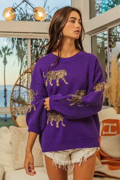 BiBi Tiger Pattern Long Sleeve Sweater - House of Binx 