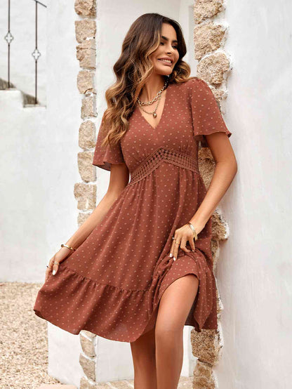 Swiss Dot V-Neck Openwork Puff Sleeve Dress - House of Binx 