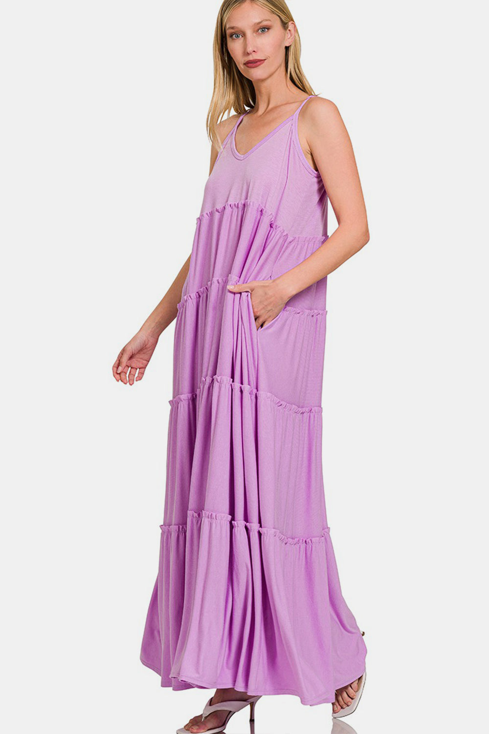 Zenana Frill Tiered V-Neck Maxi Cami Dress BLAVENDER / S