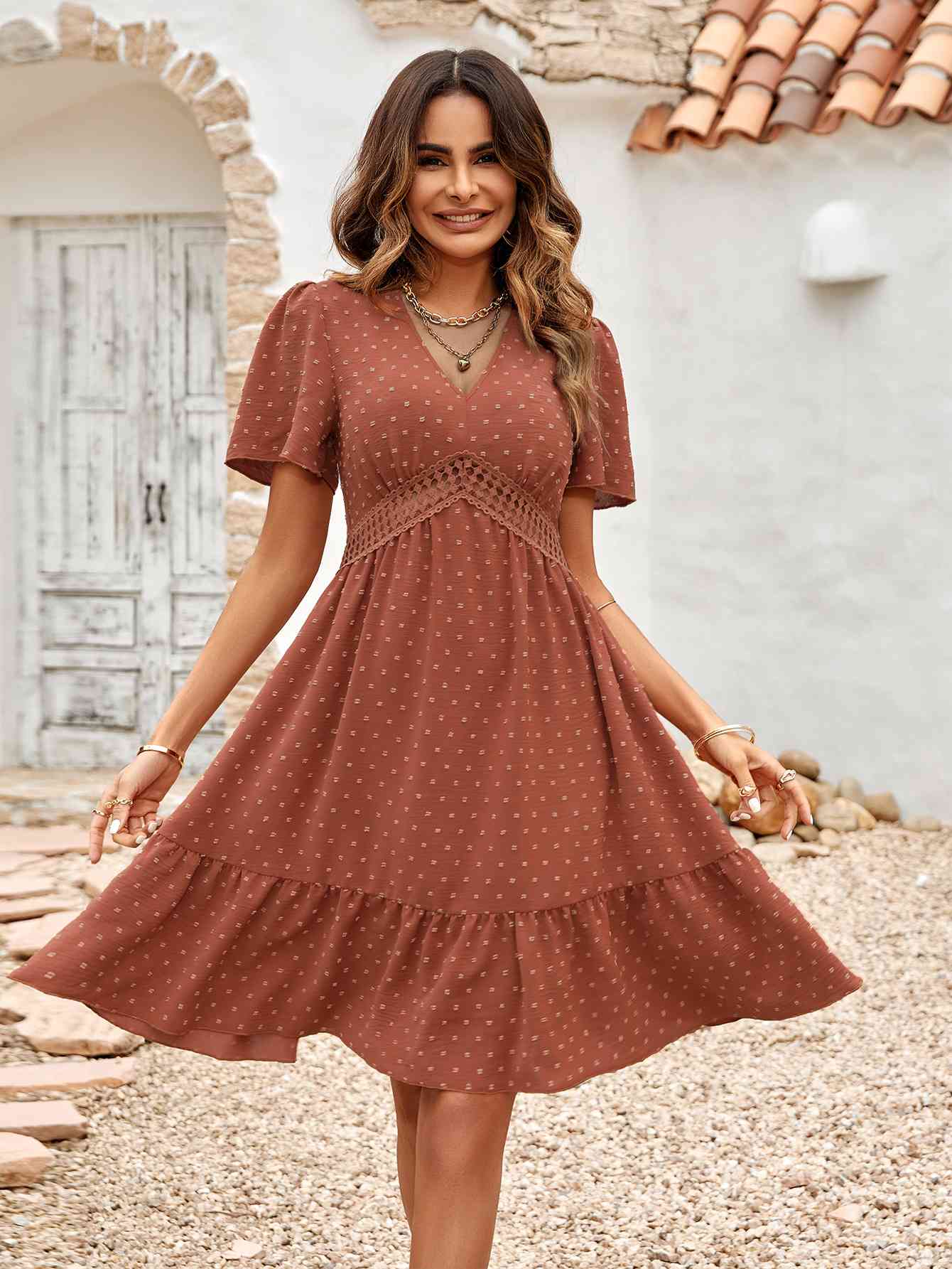 Swiss Dot V-Neck Openwork Puff Sleeve Dress - House of Binx 