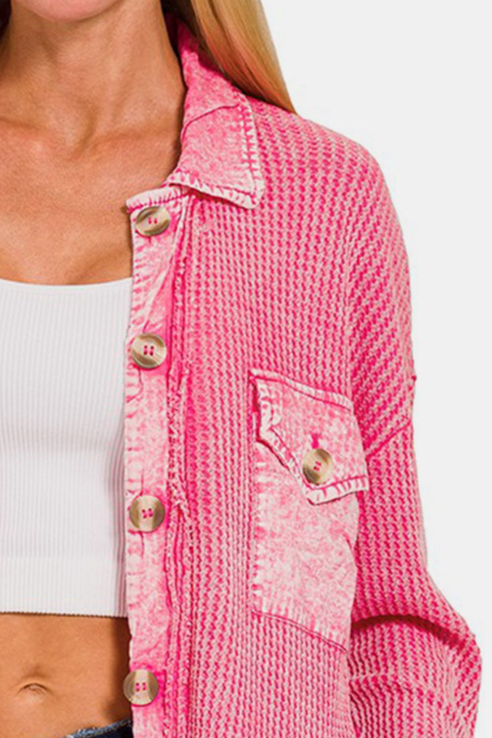 Zenana Waffle-Knit Button Up Dropped Shoulder Jacket - House of Binx 