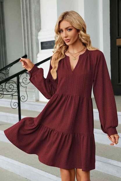 Notched Neck Long Sleeve Mini Dress - House of Binx 