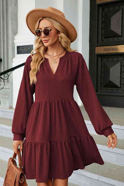 Notched Neck Long Sleeve Mini Dress - House of Binx 