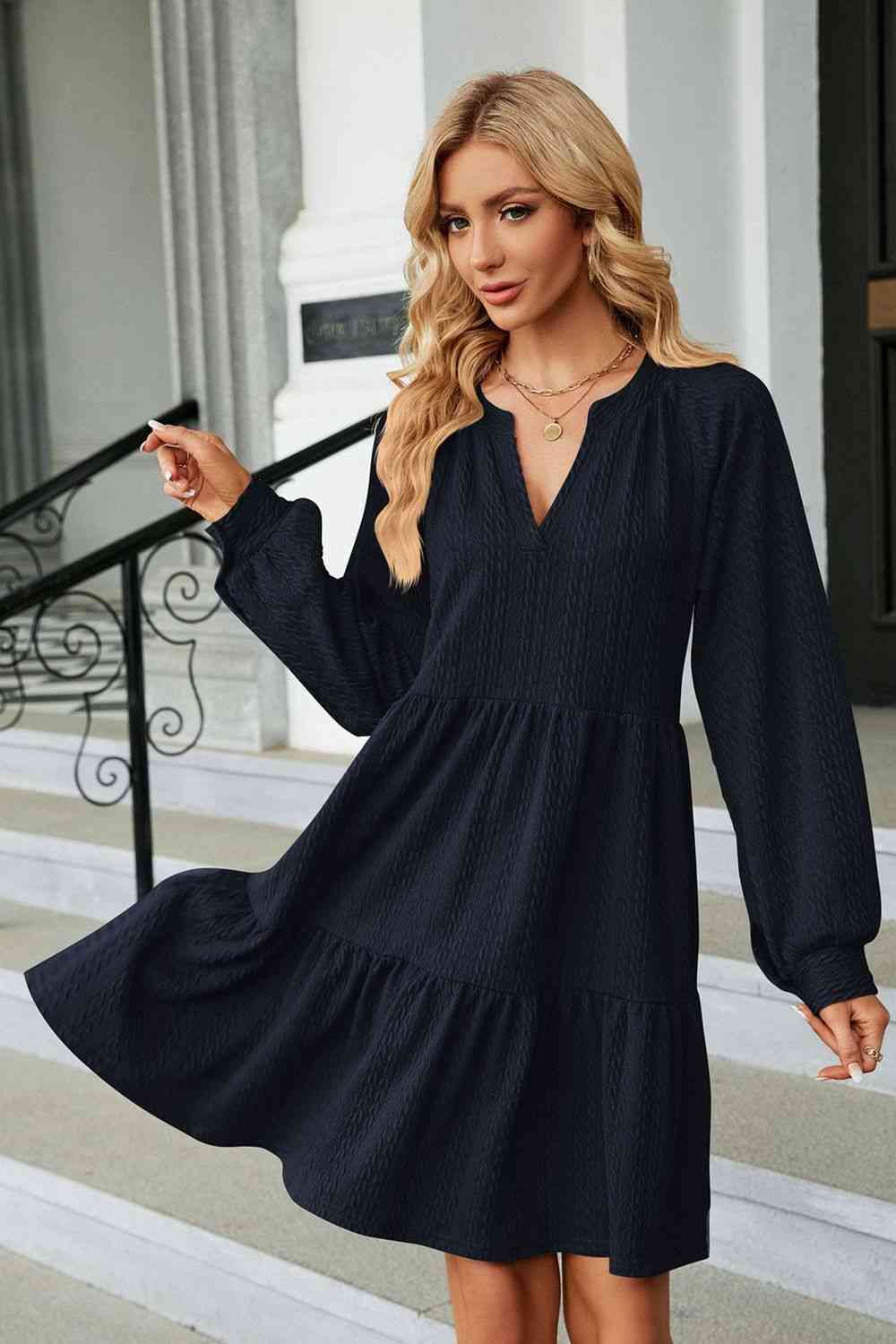 Notched Neck Long Sleeve Mini Dress - House of Binx 