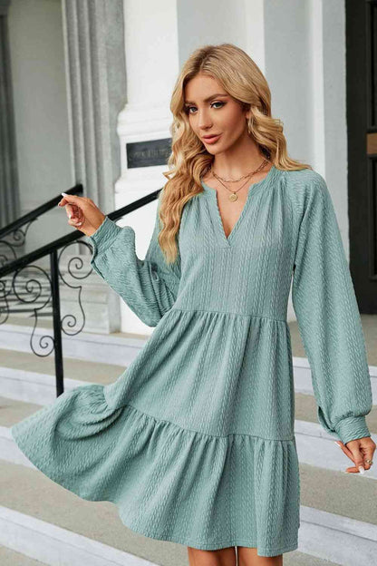 Notched Neck Long Sleeve Mini Dress - House of Binx 