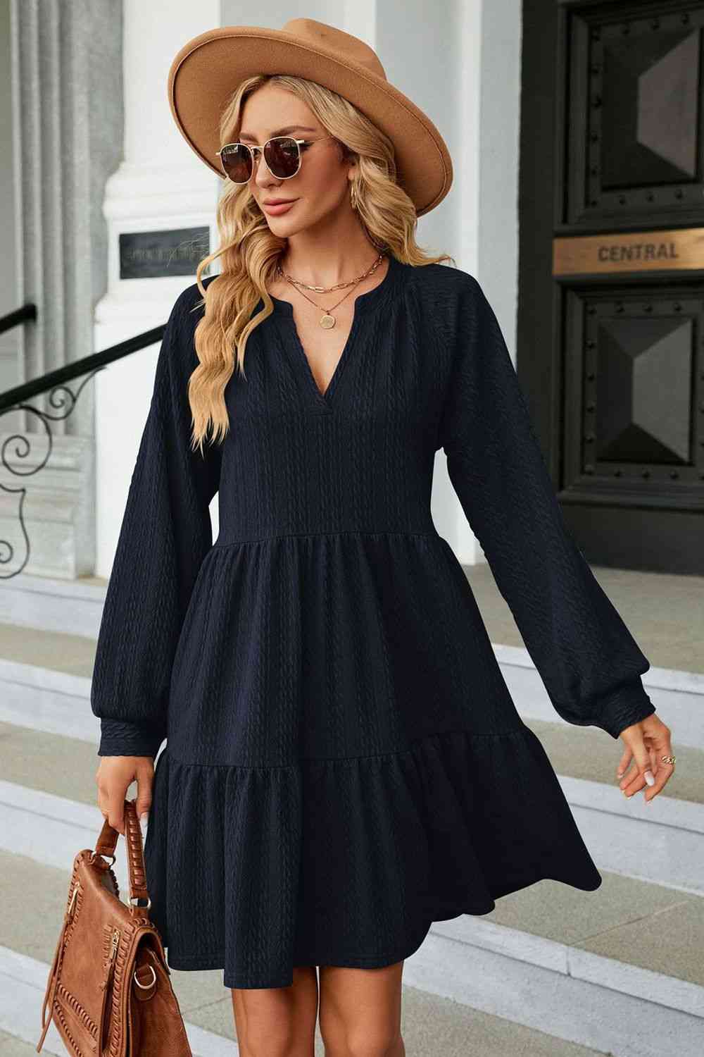 Notched Neck Long Sleeve Mini Dress - House of Binx 