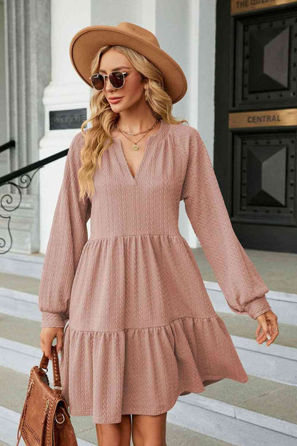 Notched Neck Long Sleeve Mini Dress - House of Binx 