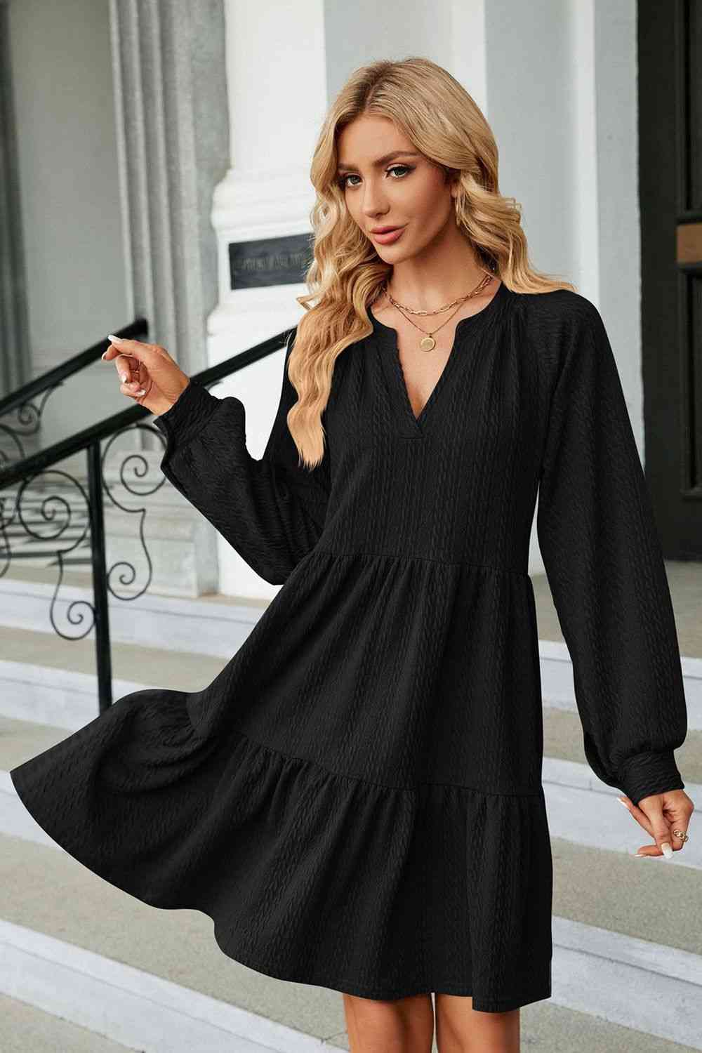 Notched Neck Long Sleeve Mini Dress - House of Binx 